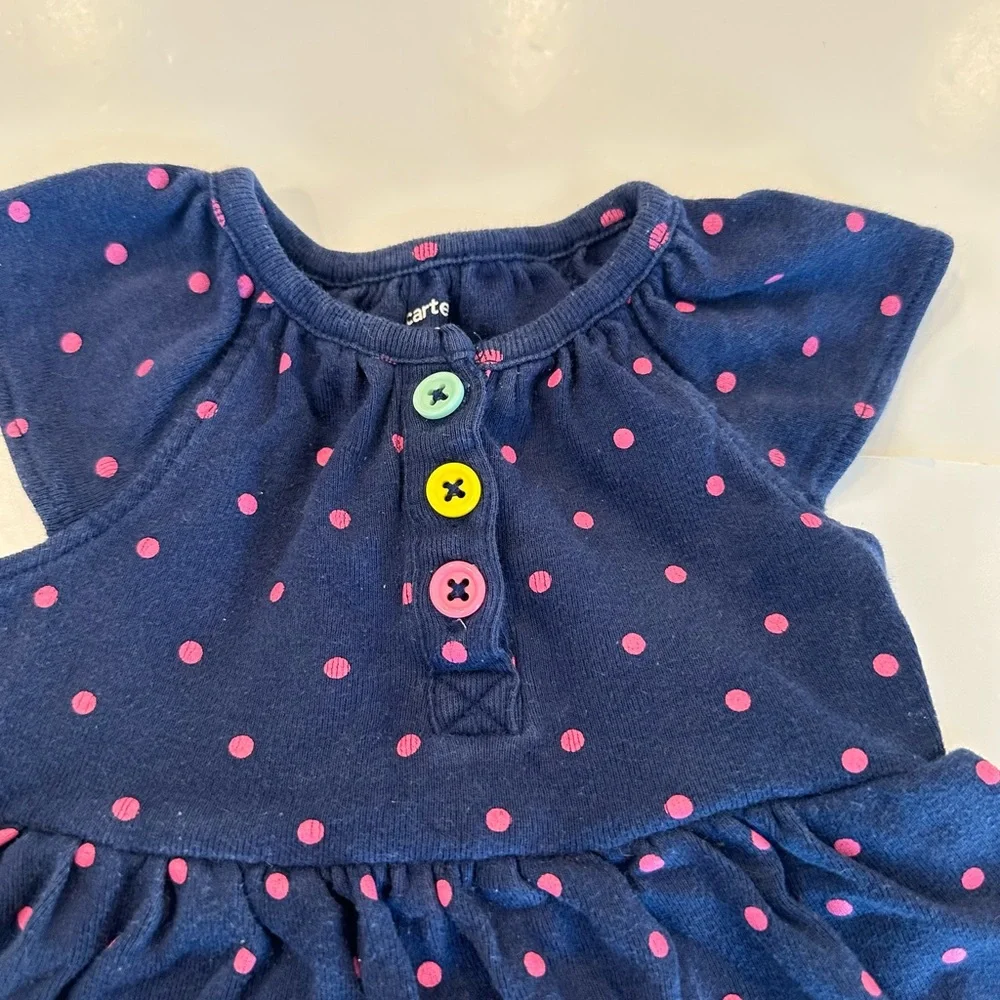 4/20$ Carter's Baby Navy Blue & Pink Polka Dot Bodysuit Dress size 9 months - Picture 3 of 4